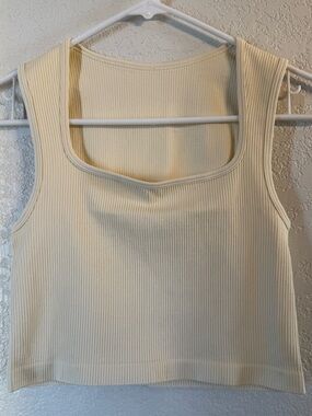 OQQ Cream Ribbed Crop Tank Top Medium Stretch Square Neck Neutral Basic